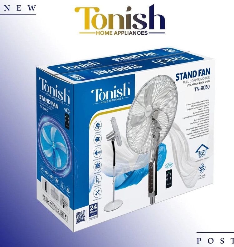 پنکه تمام استیل تونیش مدل TN-9050پنل دیجی تال 120 وات پرتاب باد مجهز به ریموت کنترل 5 پره 2سال گارانتی شرکتی