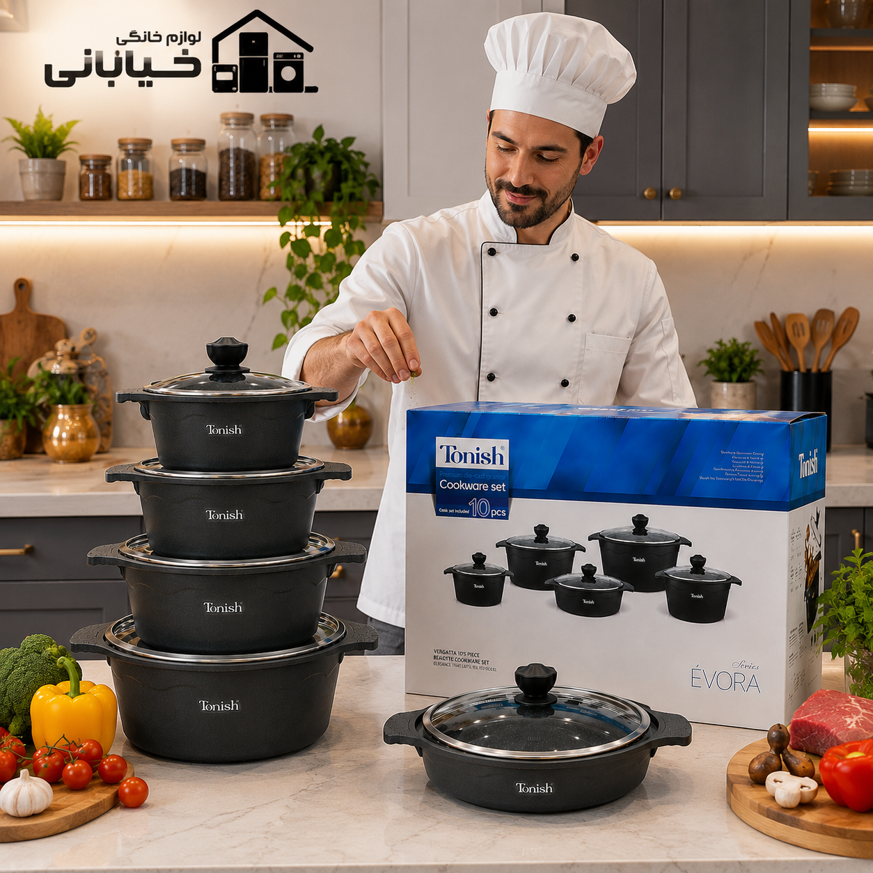 سرویس قابلمه 10 پارچه تونیش چدن گرانیت 4 قابلمه 1 عدد تابه
